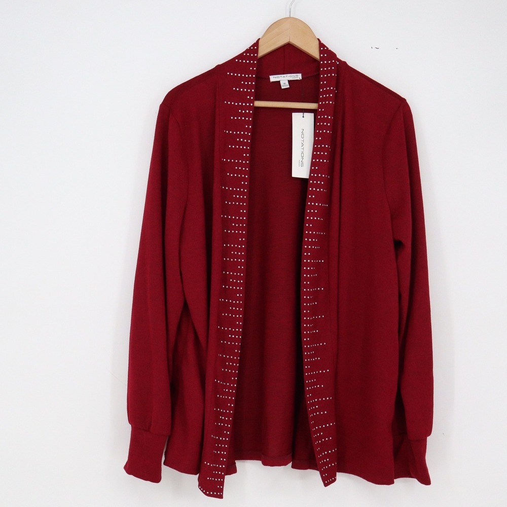 Notations Cardigan Womens 1X Wine Red Studded Open Front NEW
